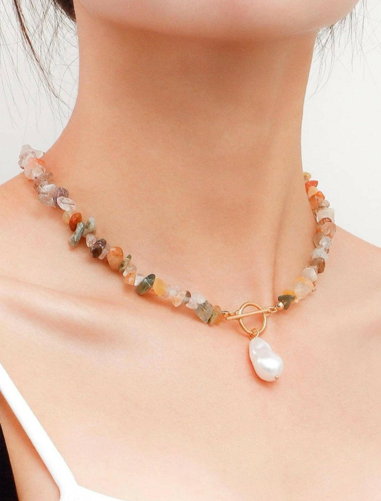 Faux Pearl Charm Stone Beaded Necklace