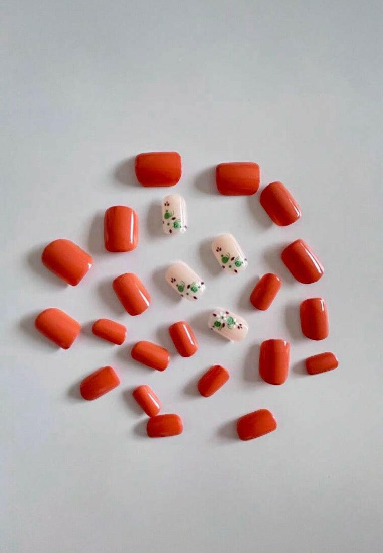 24 Pieces/Set Short Style Square Orange Fresh Small Flower Fake Nails