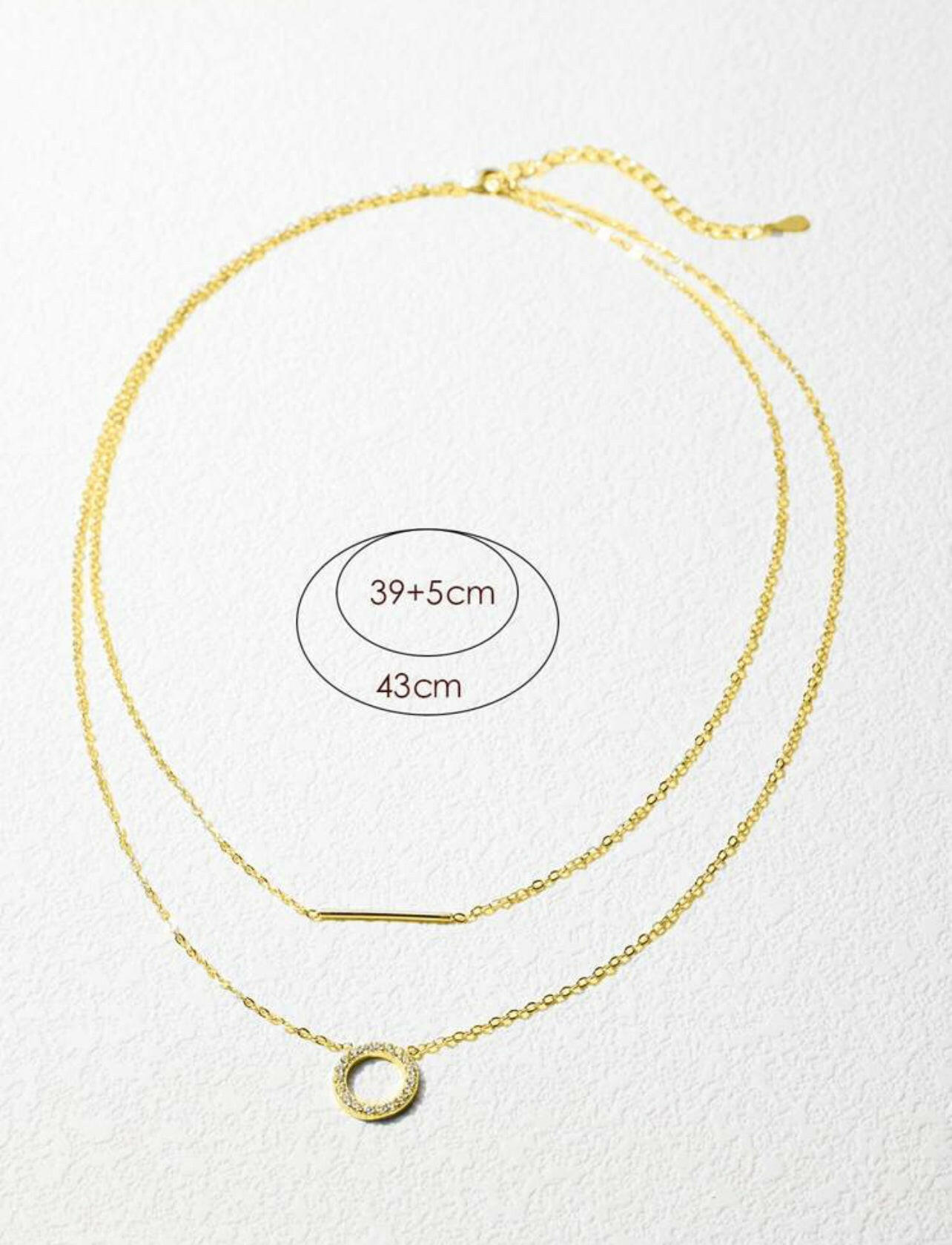925 Sterling Silver Golden Color Round Open Circle Cubic Zirconia with Long Stick Bar Layered Necklace