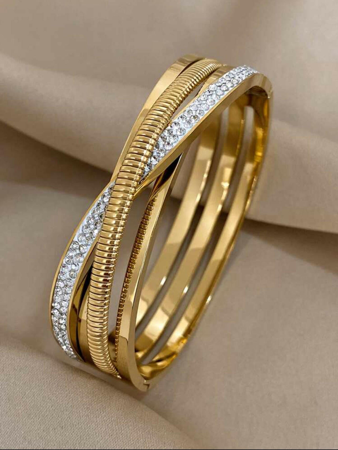 Crossed Rhinestone Stainless Steel Bangles Bracelets