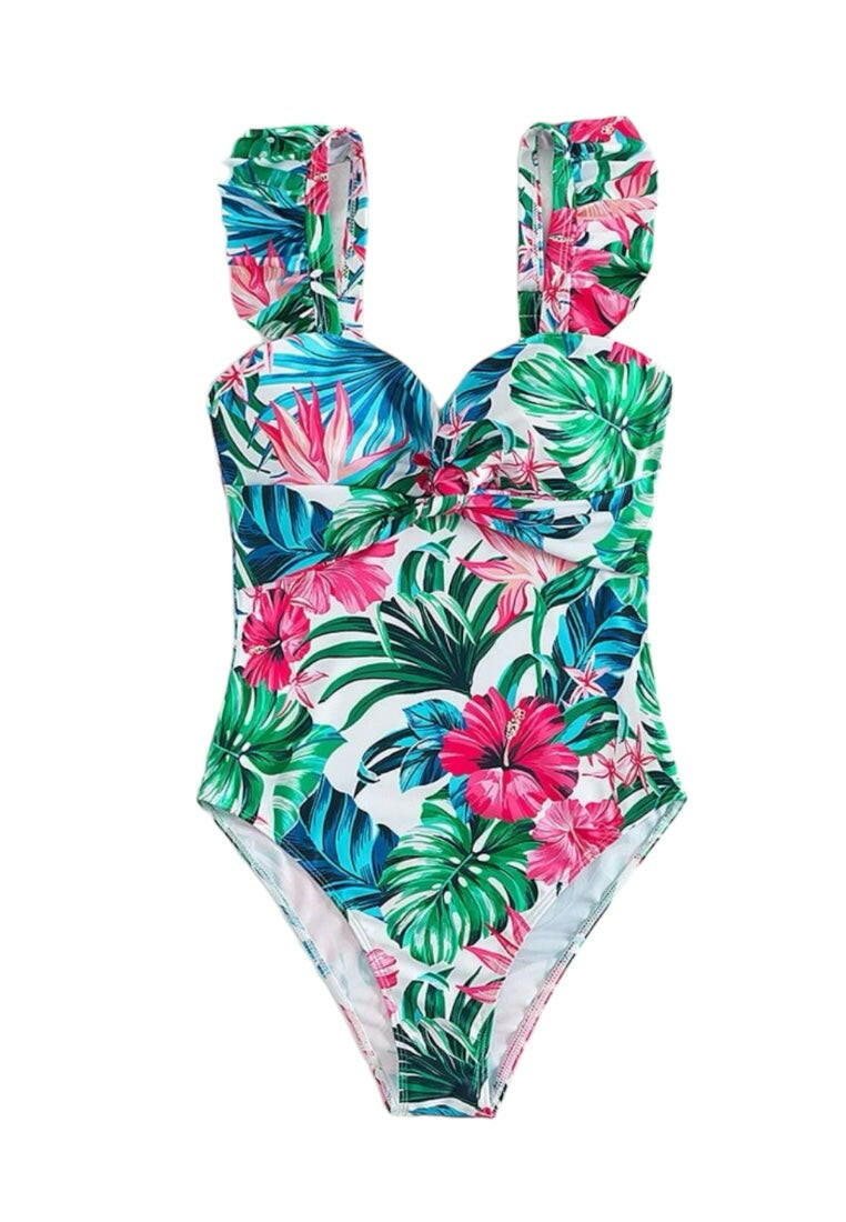 Tropical Print Ruffle Trim Twist Front Ruched One Piece Swimsuit