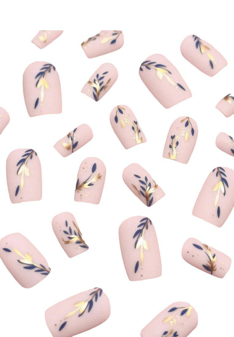 24pcs/Set Classic Jade White Matte Texture Navy Blue Tree Leaf & Gold Foil & Wheat Pattern Fake Nails