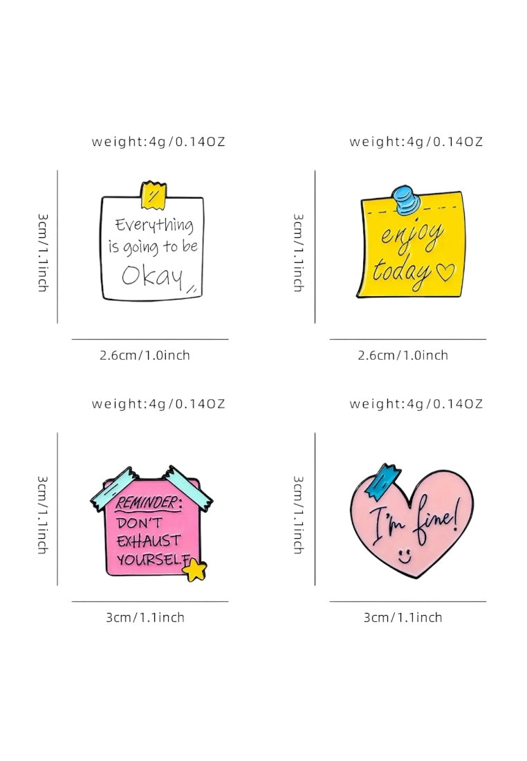 4pcs/set Cartoon Sticky Notes Design Hard Enamel Pins Brooches