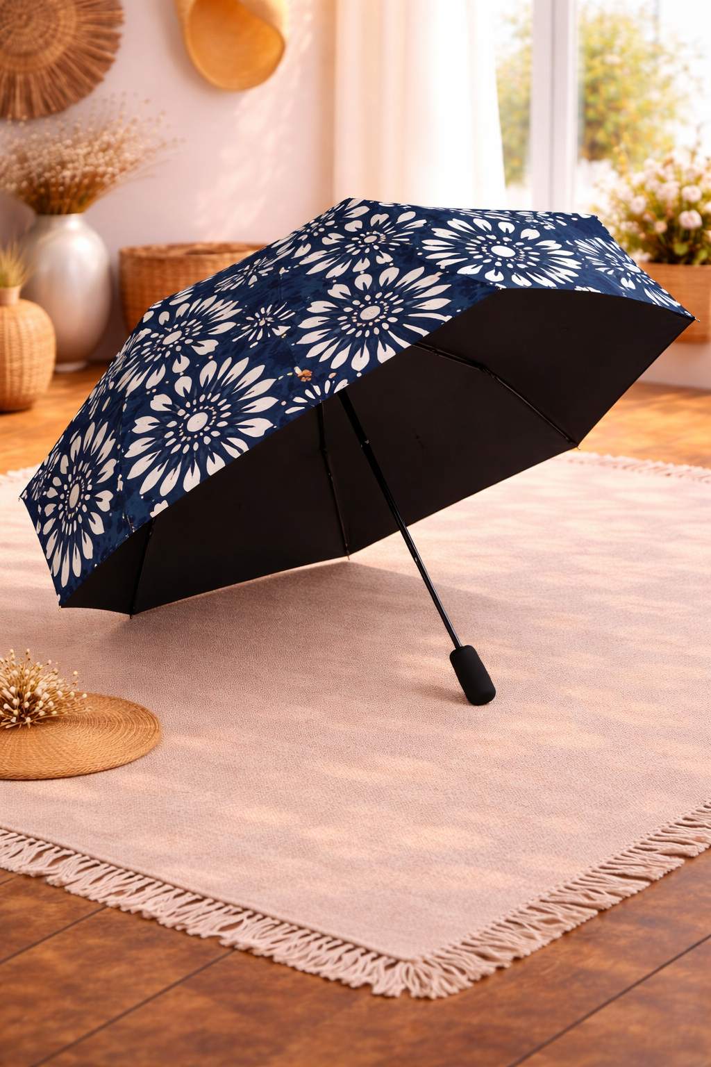 Navy Blue Floral Umbrella
