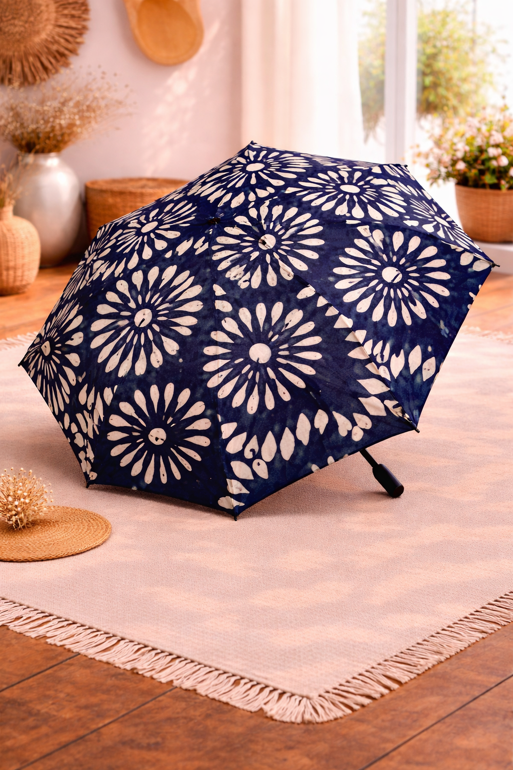 Navy Blue Floral Umbrella