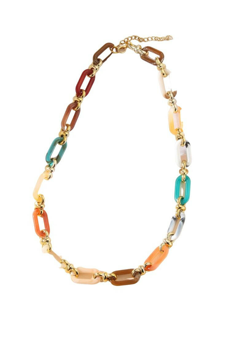A chain necklace featuring a color block design. The necklace showcases chain links in different colors arranged in a distinctive pattern, creating a modern and eye-catching look. This accessory is stylish and versatile, adding a touch of contemporary elegance to various outfits.