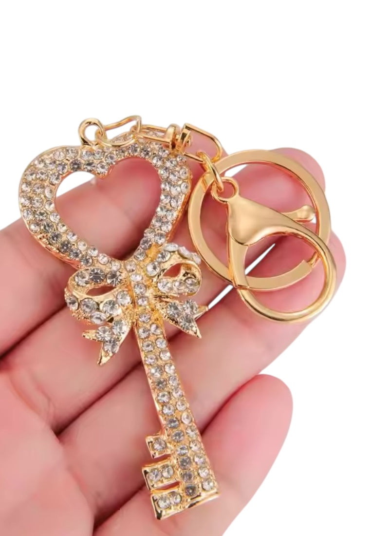 White Rhinestone Key-Shaped Keychain with Heart & Bow Charms