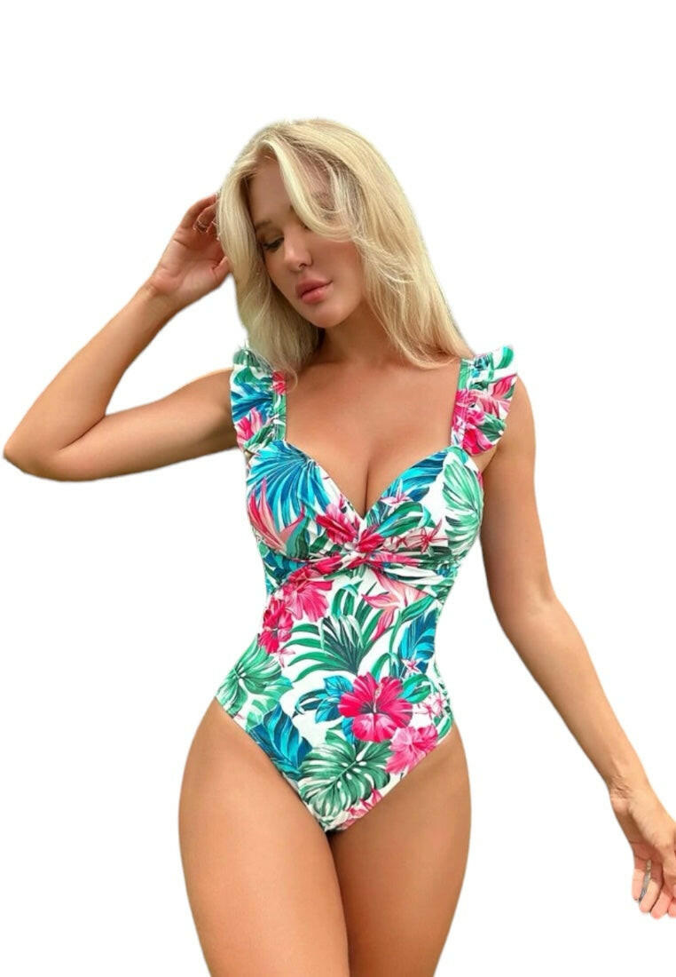 Tropical Print Ruffle Trim Twist Front Ruched One Piece Swimsuit