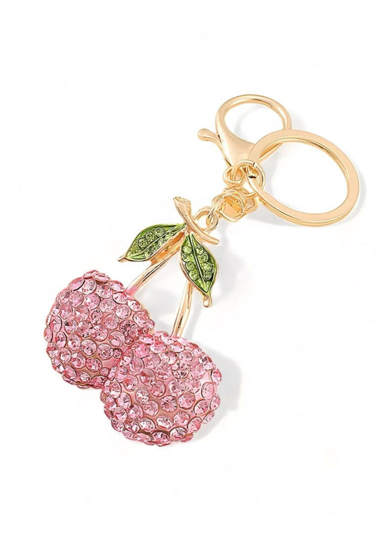 Pink Rhinestone Cherry Charm Keychain