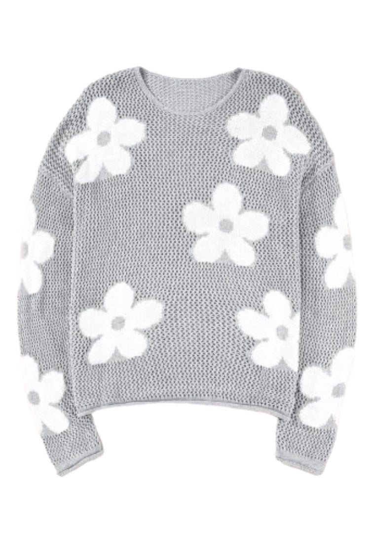 Light Grey Big Flower Hollowed Knit Drop Shoulder Sweater