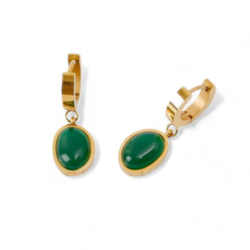 Retro Green Artificial Gem Oval  Earrings