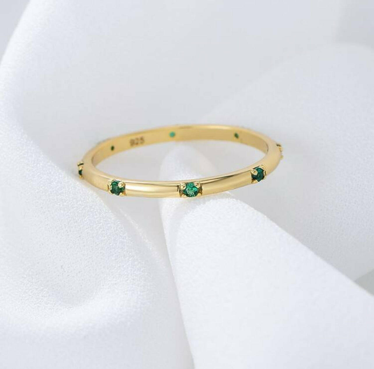 925 Silver Gold-plated Small Green Cubic Zirconia Ring