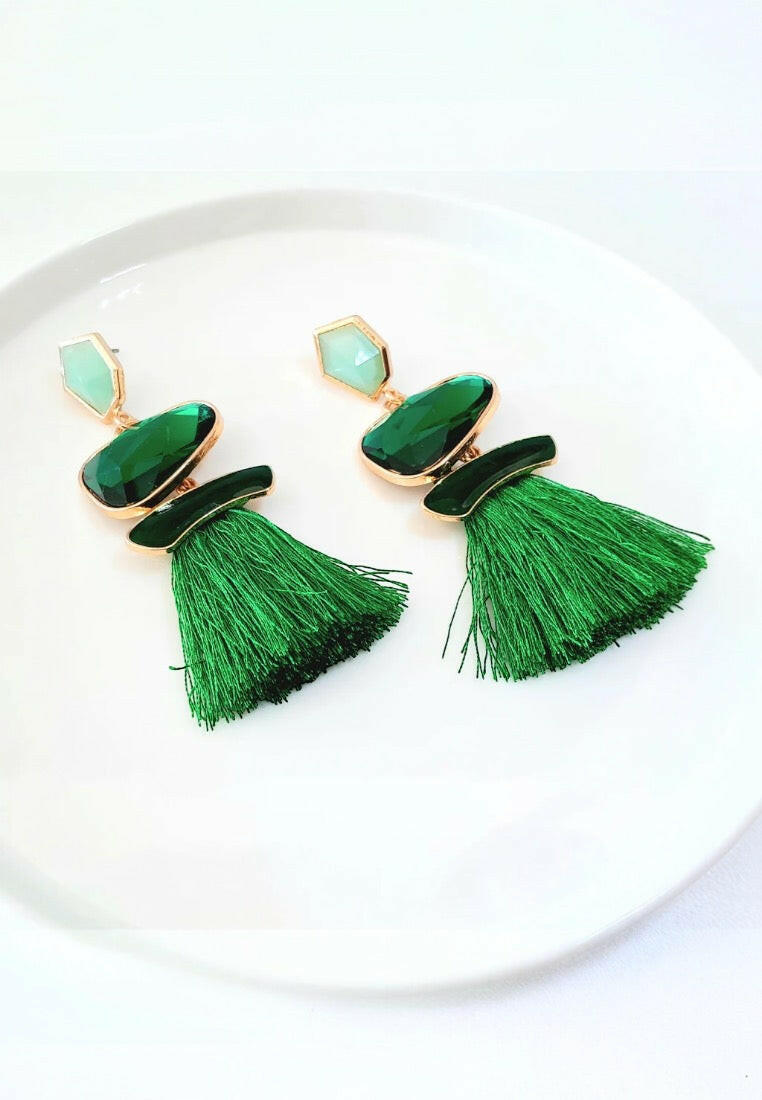 Green Tassel Decor Drop Earrings
