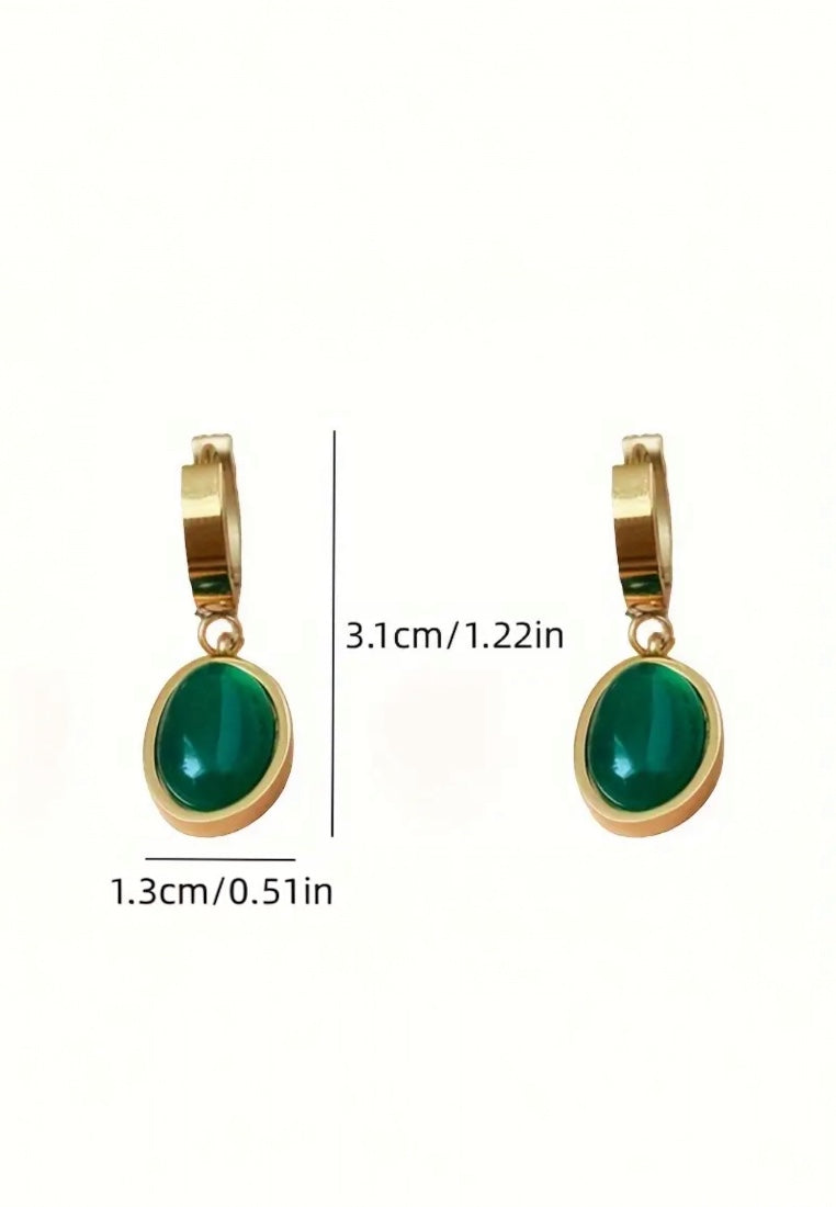 Retro Green Artificial Gem Oval  Earrings