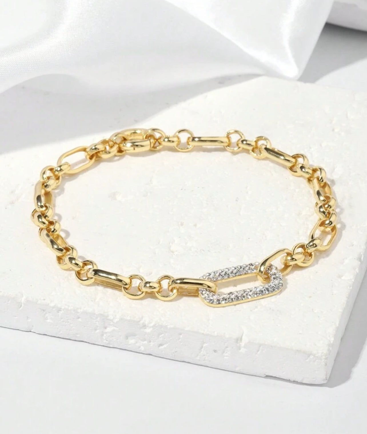925 Sterling Silver 18K Gold Plated Crystal Mariner And Paperclip Link Bracelet