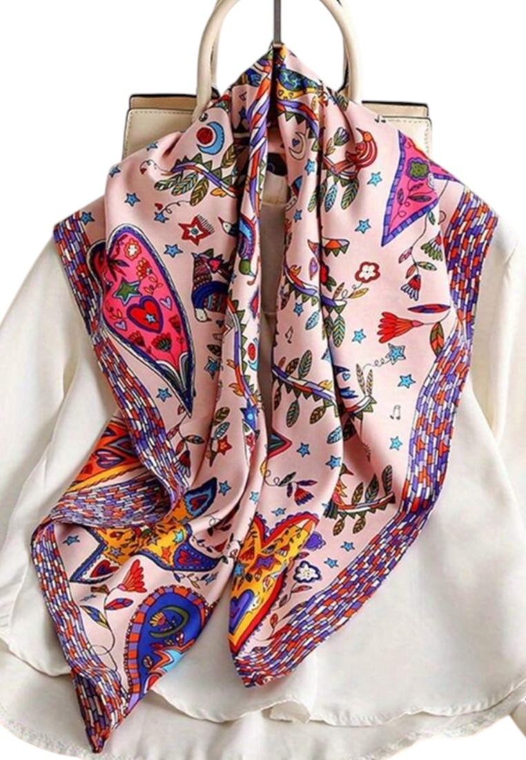 Pink Paisley Pattern Printed Satin Bandana Square Scarf