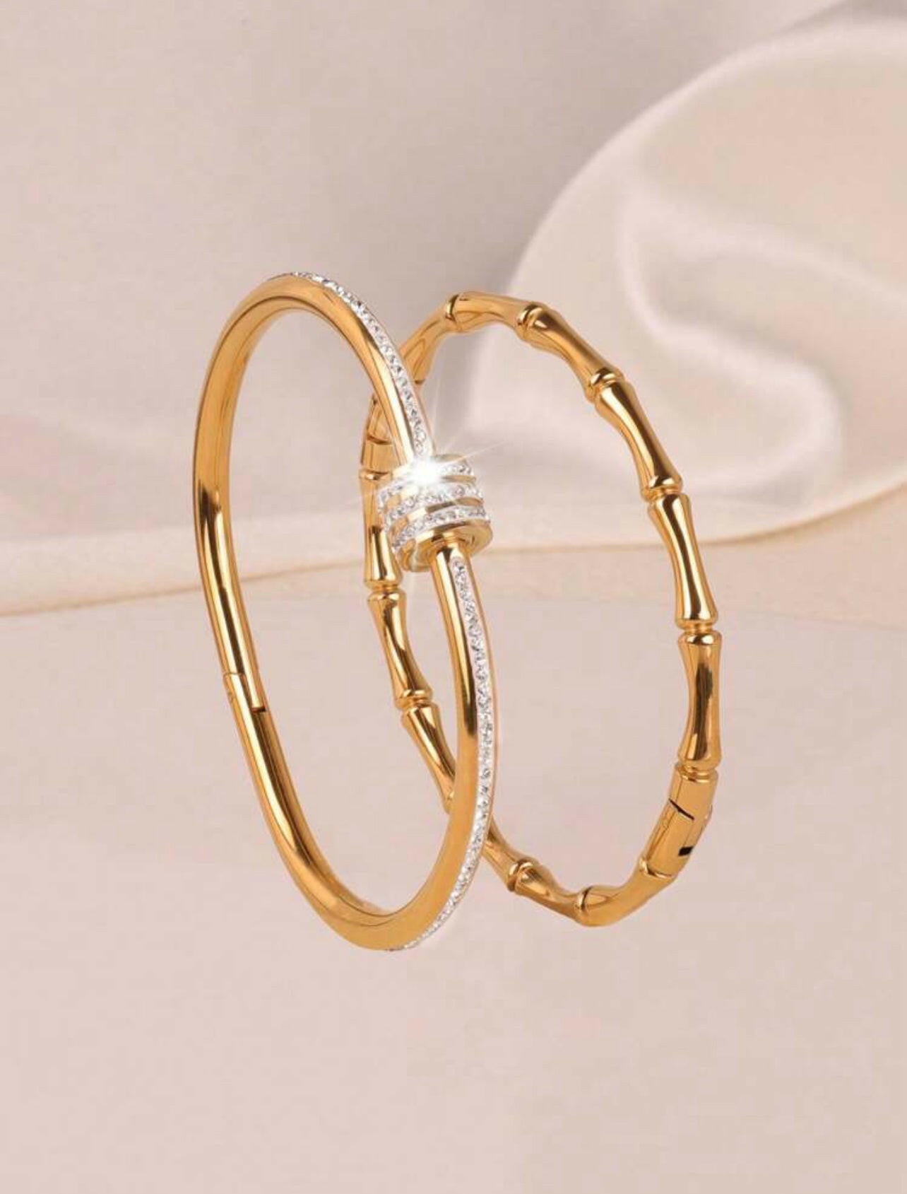 This fashionable stainless steel bracelet set will complete any look. Built to last with its strong material, this two-piece bracelet adds a touch of elegance and charm to any outfit. The high-grade stainless steel is corrosion-resistant, ensuring its durability. Handcrafted with precision for an ultra-luxurious finish.