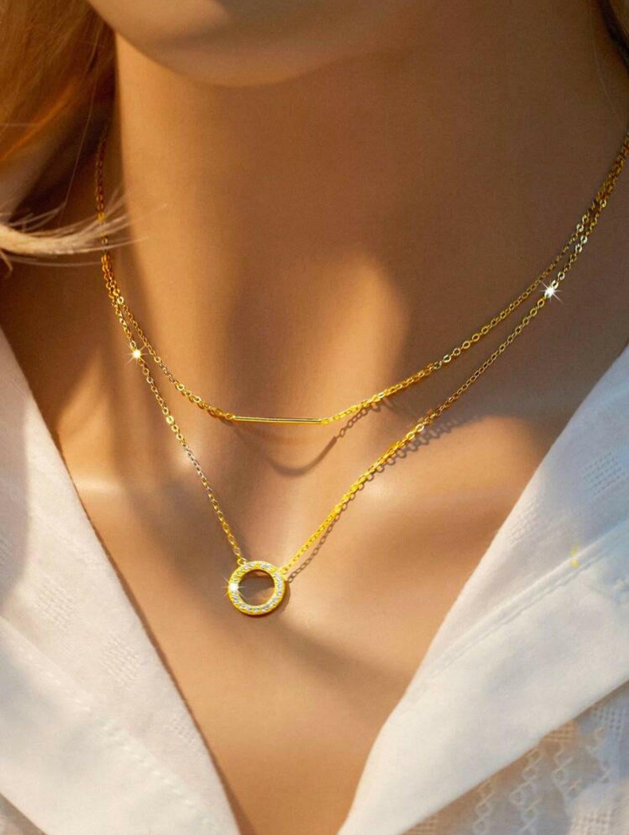 925 Sterling Silver Golden Color Round Open Circle Cubic Zirconia with Long Stick Bar Layered Necklace