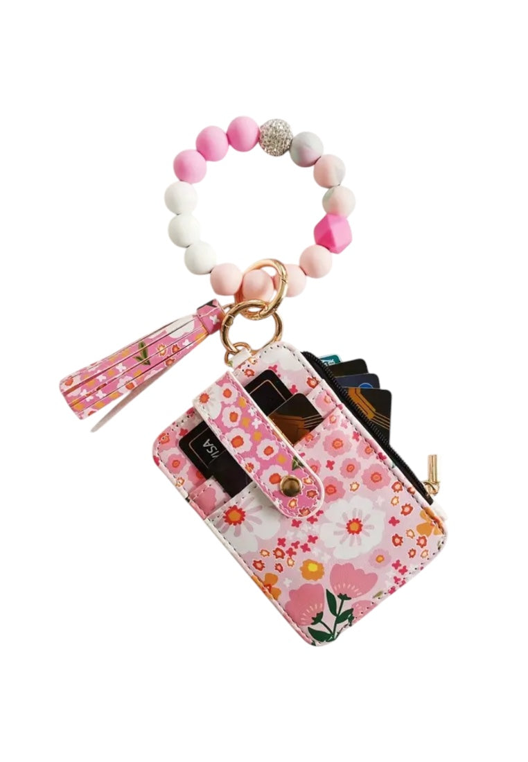 Pink Stylish Floral Synthetic Leather Wallet with Tassel & Beaded Keychain