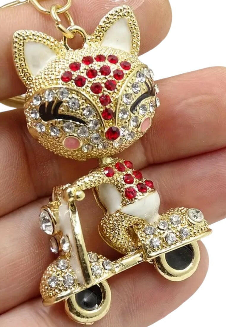 Red Chic Fox On Bike Keychain