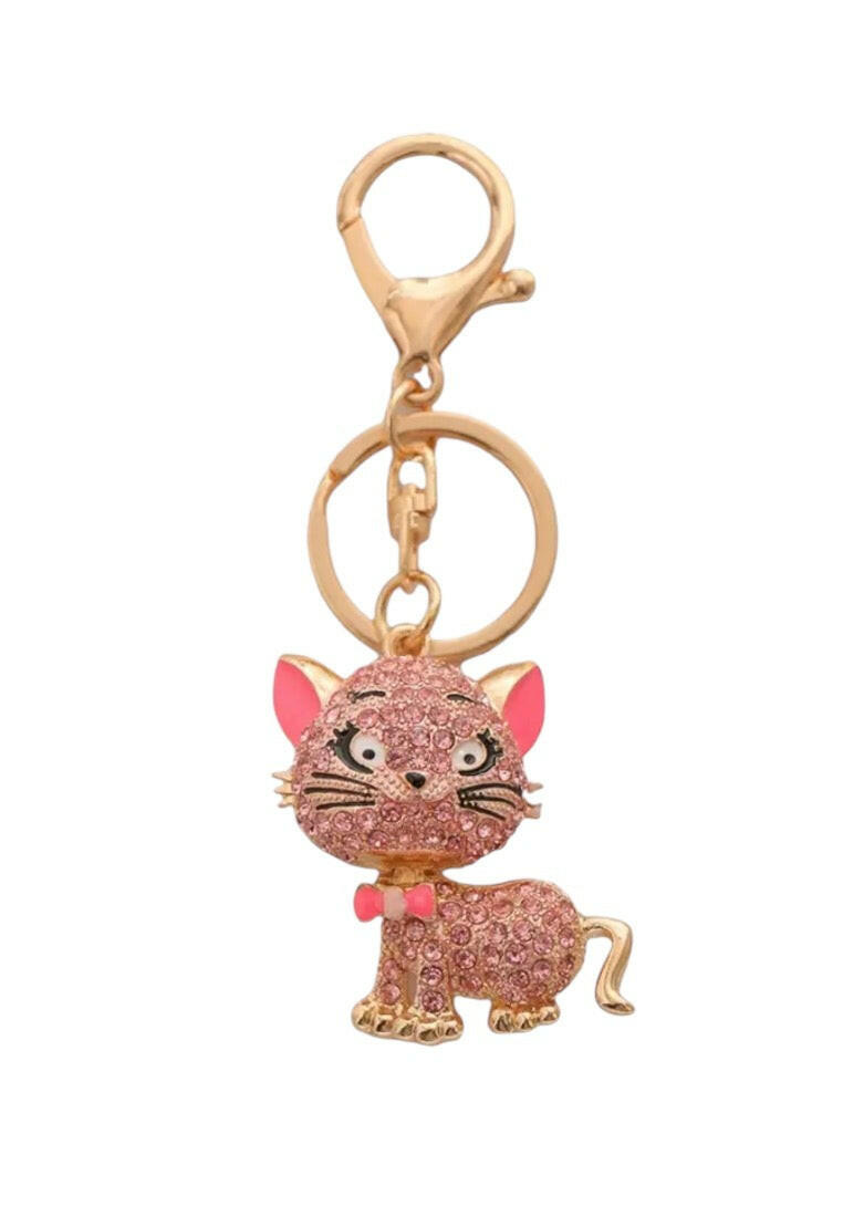 Pink Sparkling Rhinestone Cat Keychain
