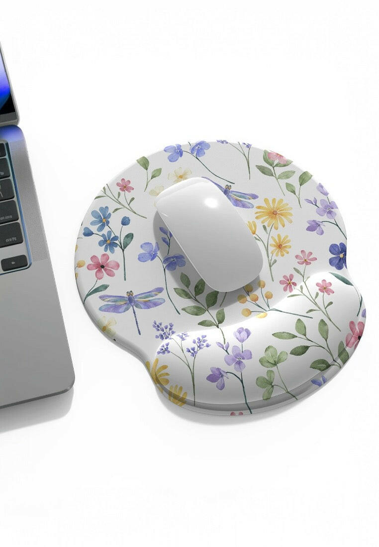 White Floral Print Wrist Rest Mouse Pad