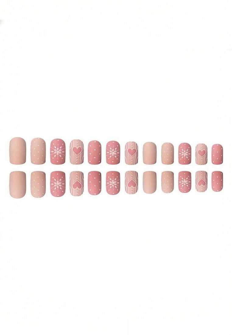 24pcs French Style Matte Texture 3D Snowflake Heart & Circle Shaped False Nails