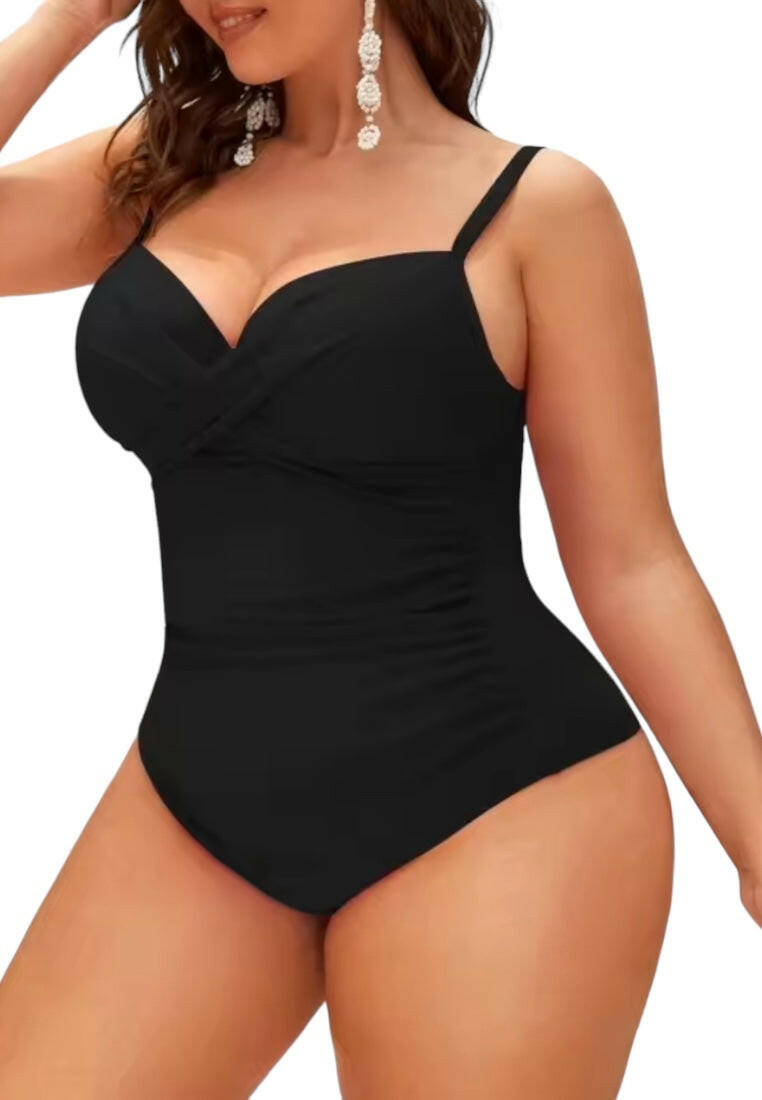 Black Plus Size Ruched Wrap Cross Push Up O Swimwear One Piece
