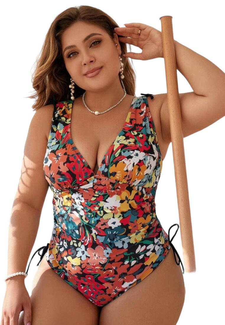 Classy Flower Print V-neck Plus Size  Swimwear