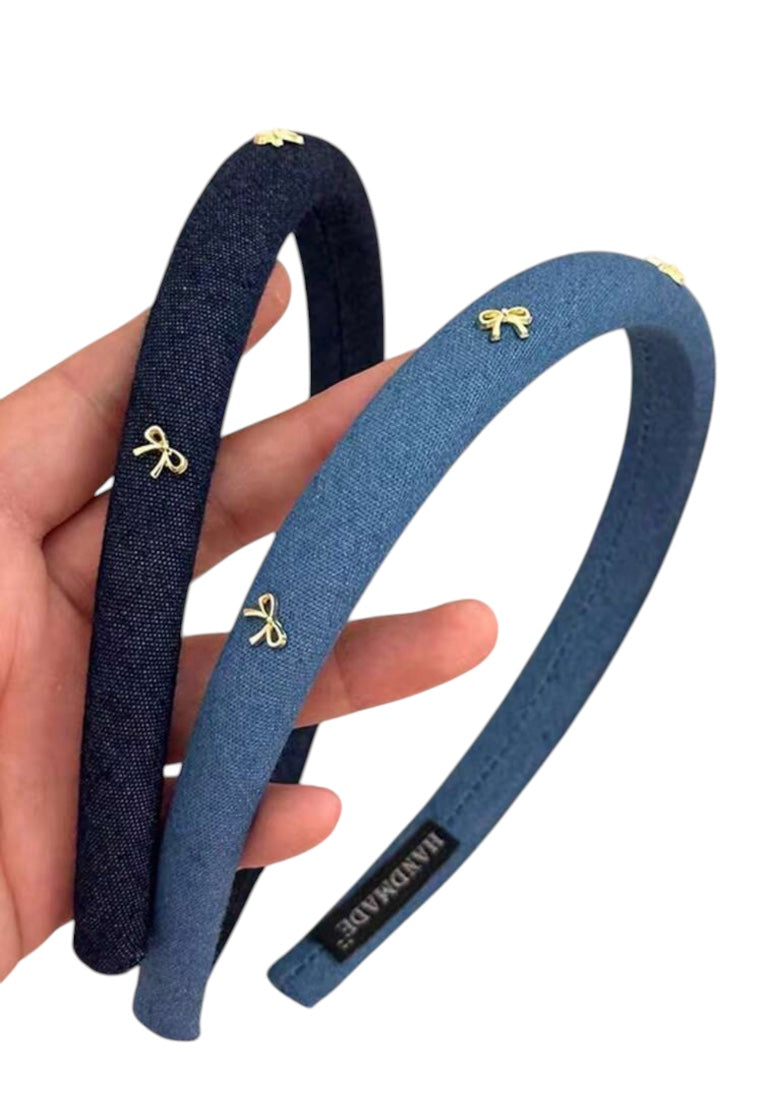 2Pcs Girls Denim Blue Sponged Headband With Bow Trim