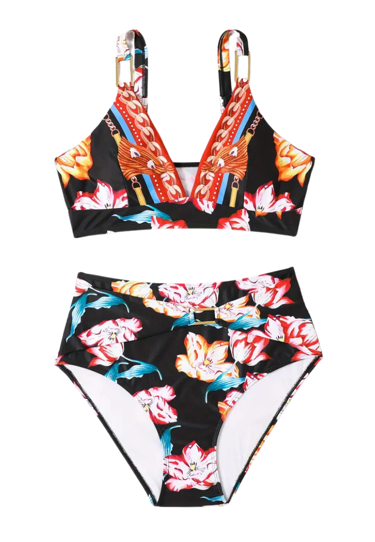 Floral & Chain Print Plus Size  Swimwear