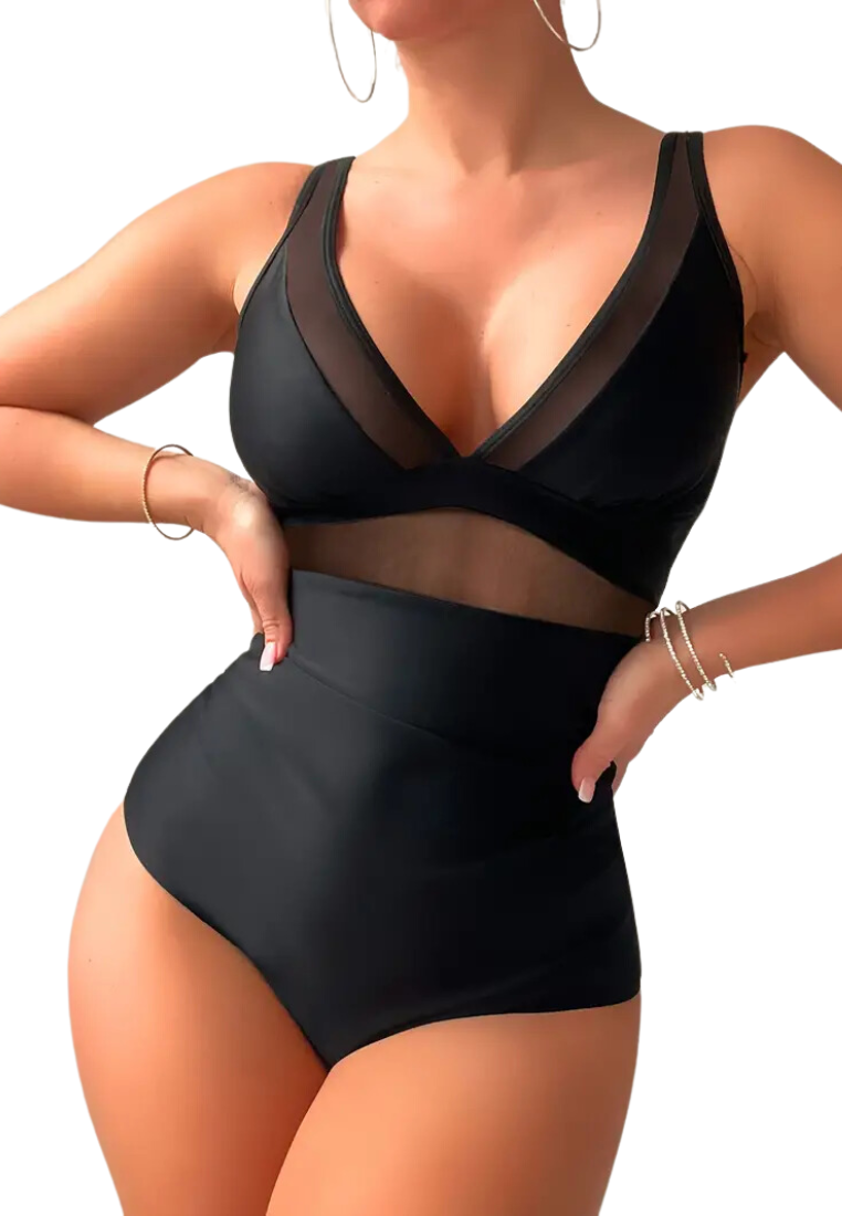 Solid Color Mesh Contrast V Neck One-piece Swimsuit