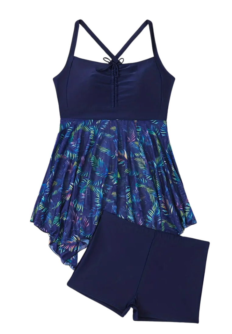 Tropical Print Plus Size Lace Up  Swimwear