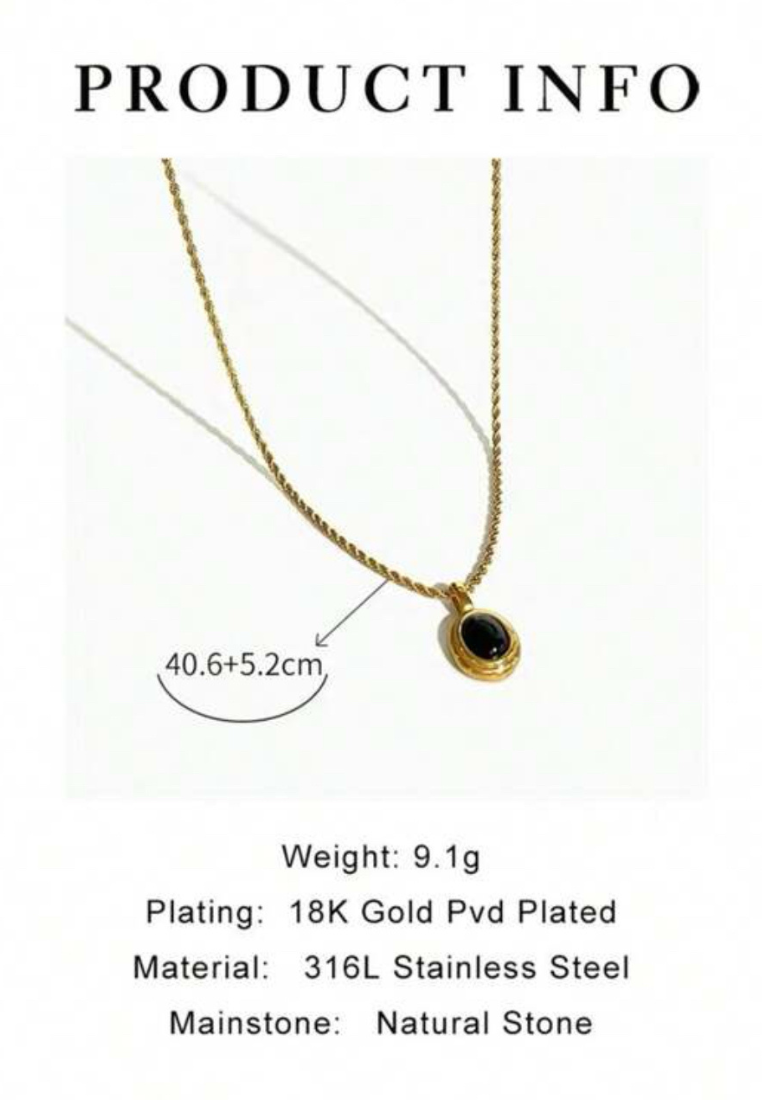 Vintage 18K Gold Plated Stainless Steel Gemstone Oval Pendant Necklace