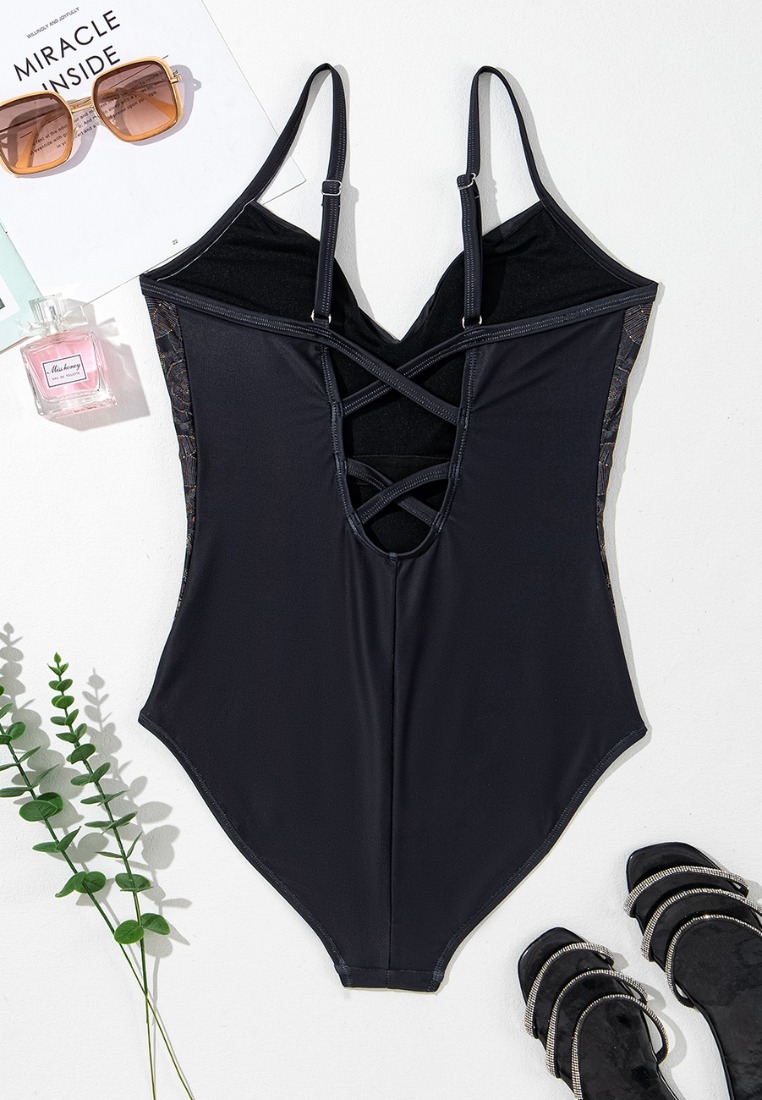 Black Petal Print Crisscross Back Spaghetti Straps Swimsuit