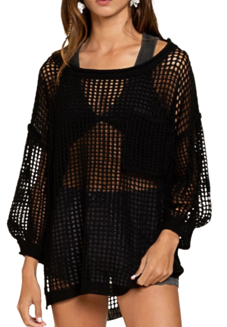 Black Fishnet Hollow-out Long Sleeve Beach Cover up