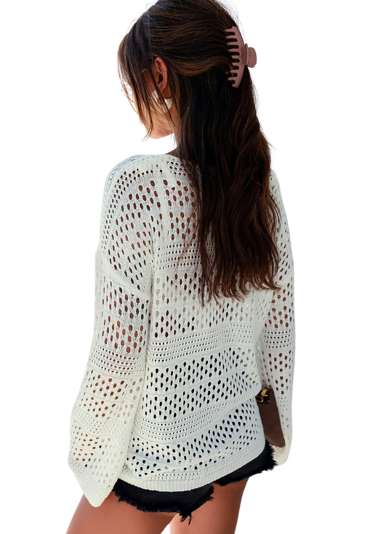 White Hollow Out Crochet V Neck Beach Cover up