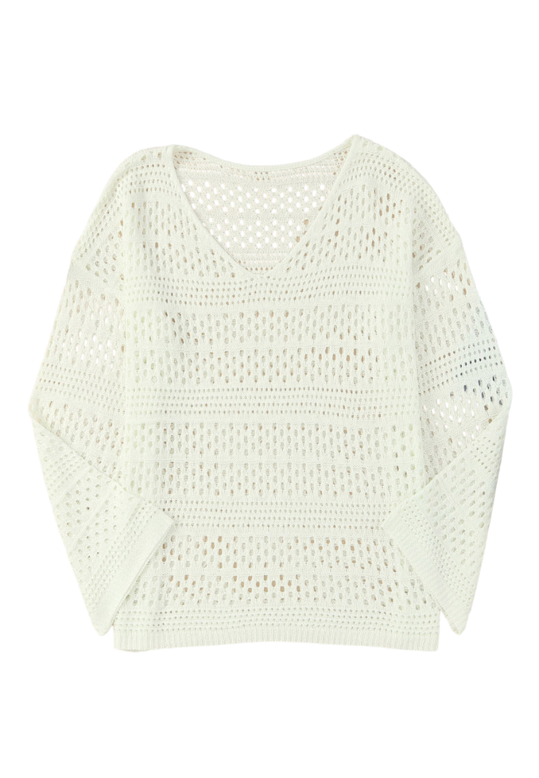 White Hollow Out Crochet V Neck Beach Cover up