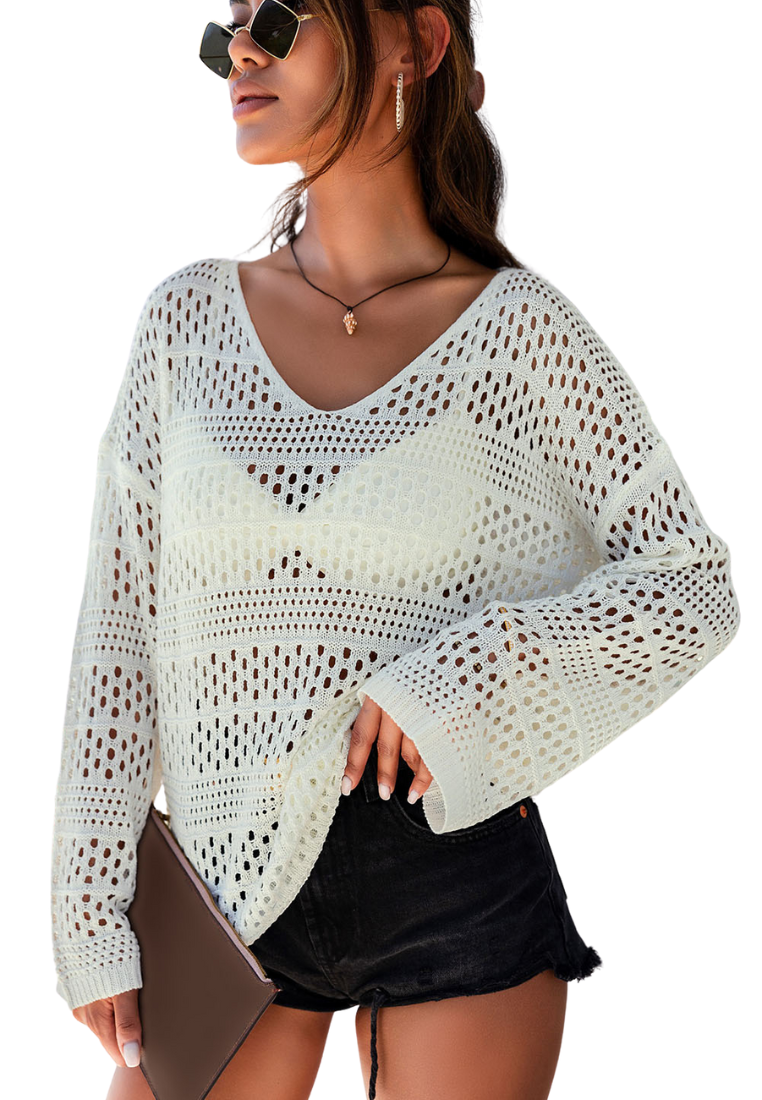 White Hollow Out Crochet V Neck Beach Cover up