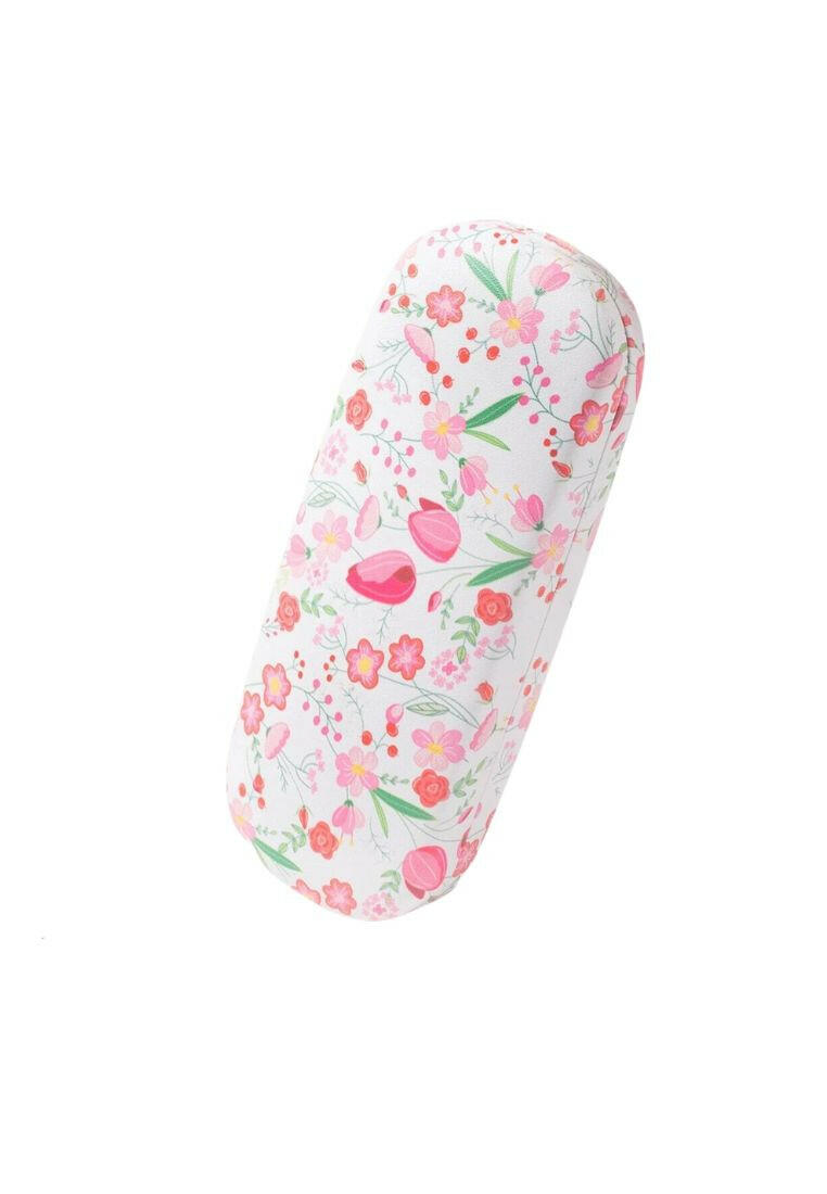 A glasses case featuring a floral print design. The case is designed to store and protect eyeglasses, sunglasses, or other optical frames. The floral print adds a touch of elegance and style to the case. This accessory is both functional and fashionable, offering a secure and stylish storage solution for eyewear.