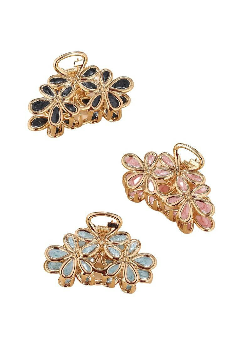 A set of three hair claws with flower designs, providing a stylish and functional way to secure your hair in place.