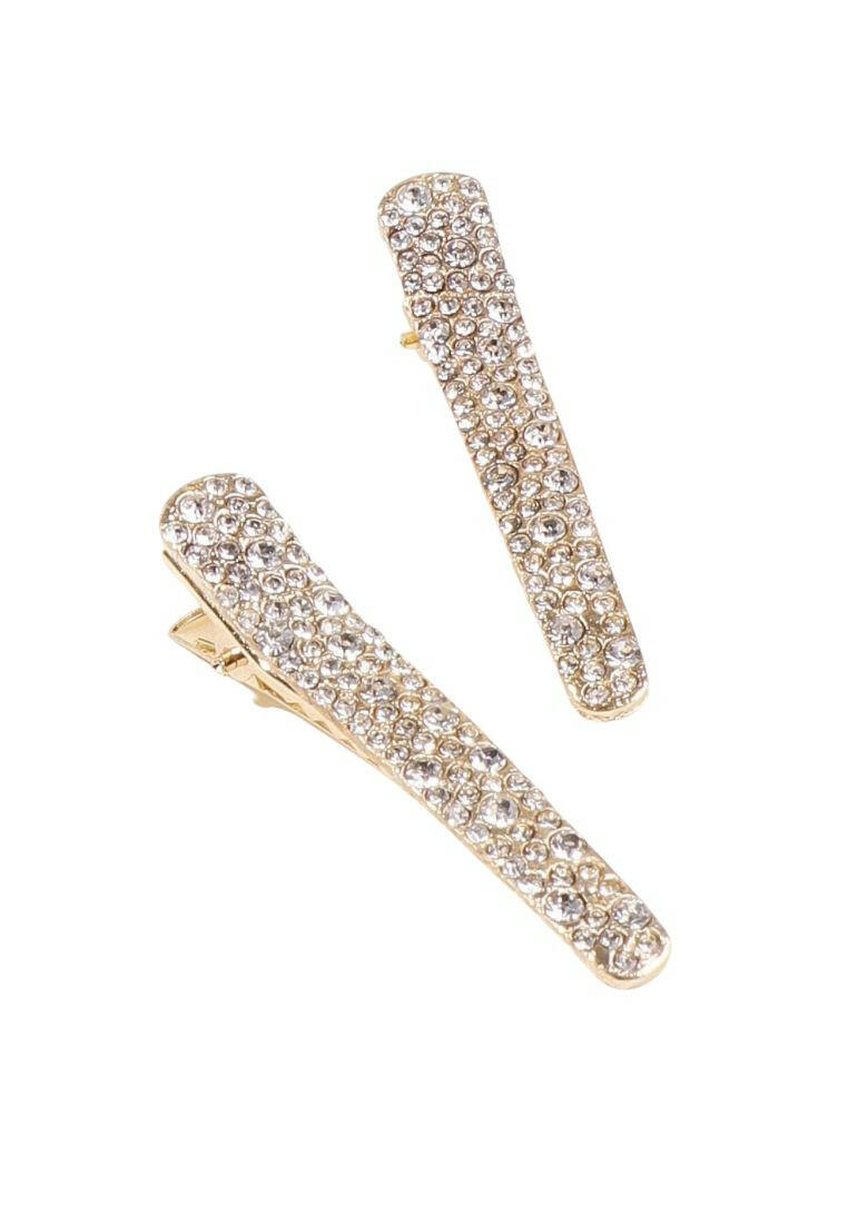Two hair clips adorned with shimmering rhinestone decorations, adding a touch of elegance and glamour to your hairdo.