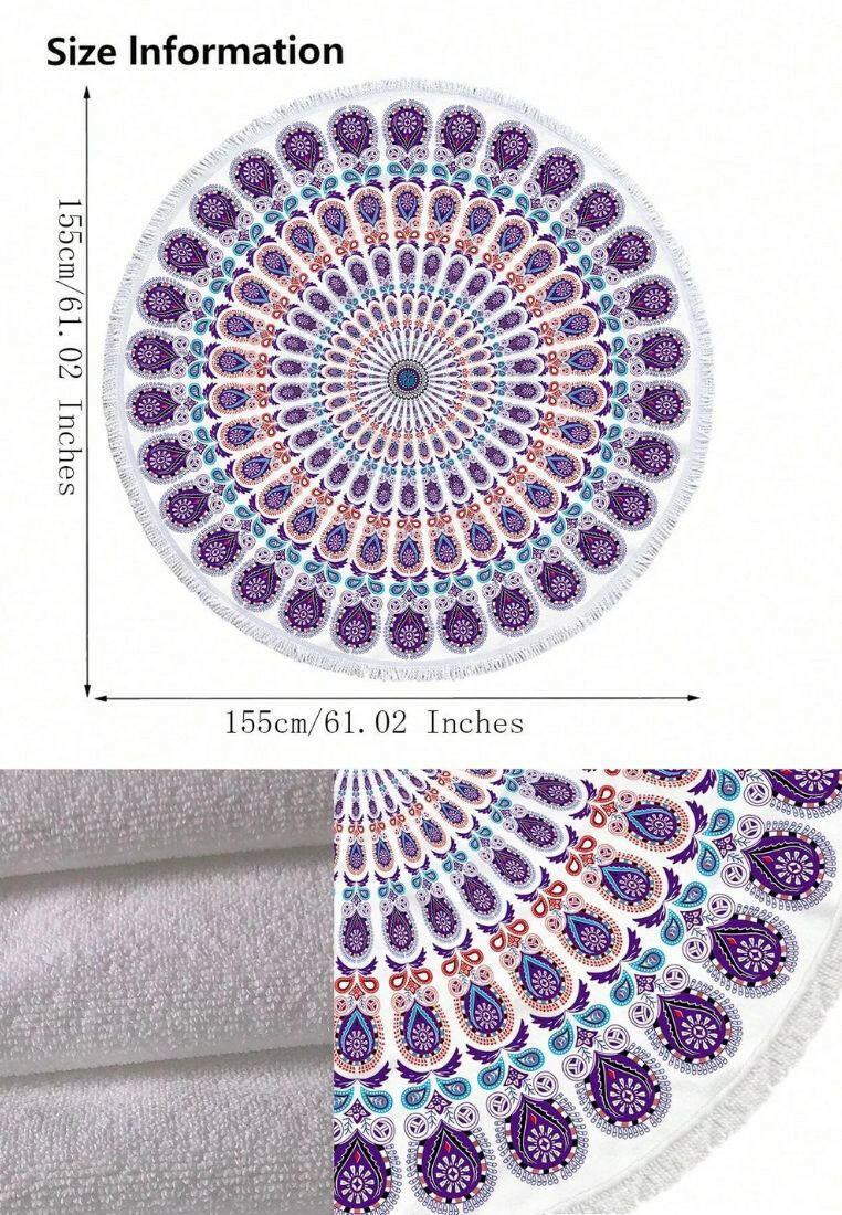 A beach towel featuring a purple mandala pattern and fringe trim. The towel showcases an intricate mandala design in shades of purple, with decorative fringe trim along the edges. This towel is both stylish and functional, perfect for beach outings or outdoor relaxation. The purple mandala pattern and fringe trim add a touch of bohemian elegance to the towel.