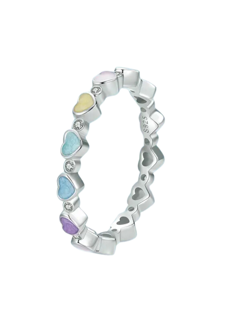 925 Sterling Silver Colorful Heart Beaded Ring