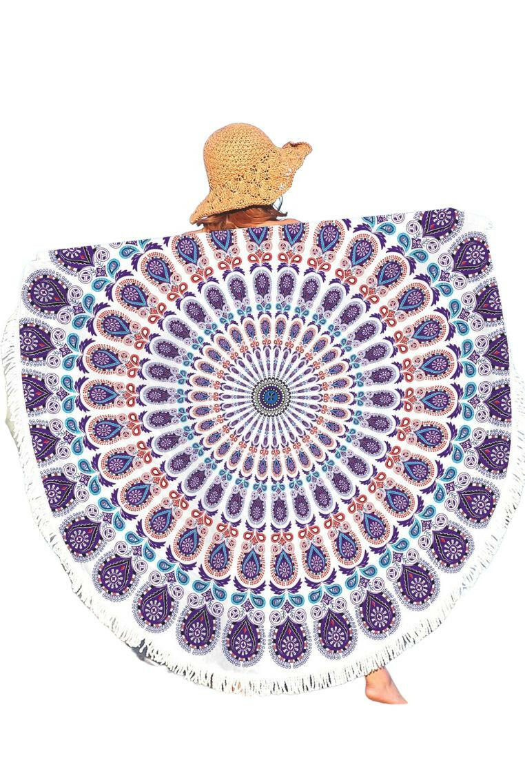 A beach towel featuring a purple mandala pattern and fringe trim. The towel showcases an intricate mandala design in shades of purple, with decorative fringe trim along the edges. This towel is both stylish and functional, perfect for beach outings or outdoor relaxation. The purple mandala pattern and fringe trim add a touch of bohemian elegance to the towel.