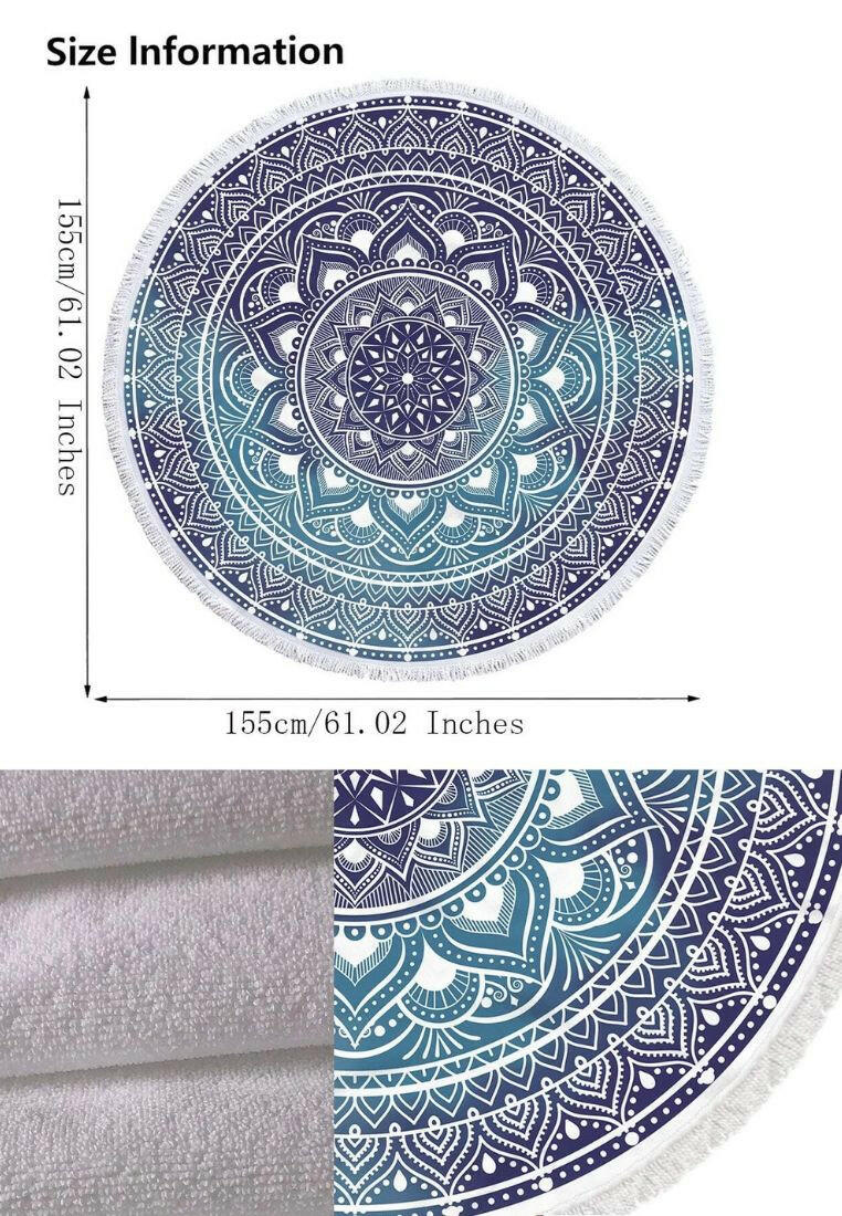 A boho beach towel with a blue ombre mandala print and fringe trim. The towel features a gradient of blue colors in a mandala pattern, with fringe trim along the edges. This towel is stylish and versatile, suitable for beach outings or outdoor relaxation. The blue ombre design and fringe trim add a touch of bohemian flair to the towel.
