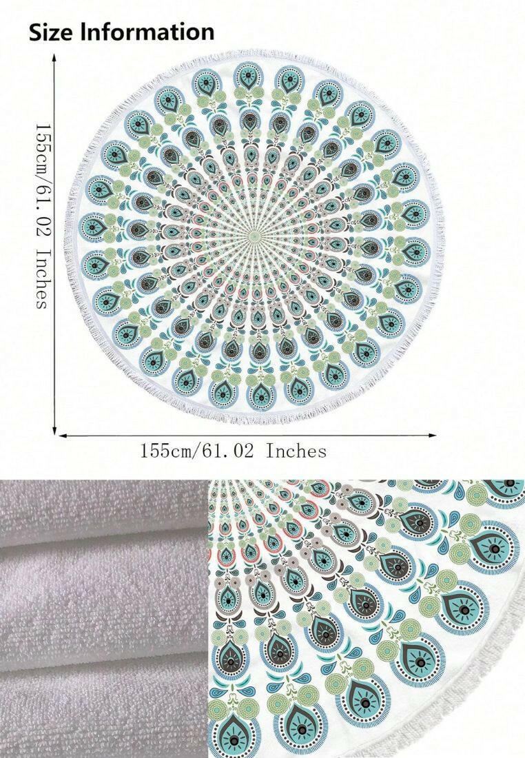 A beach towel adorned with a green mandala pattern and fringe trim. The towel showcases an intricate mandala design in shades of green, with decorative fringe trim along the edges. This towel is both stylish and practical, suitable for beach days or outdoor relaxation. The green mandala pattern and fringe trim add a touch of bohemian charm to the towel.