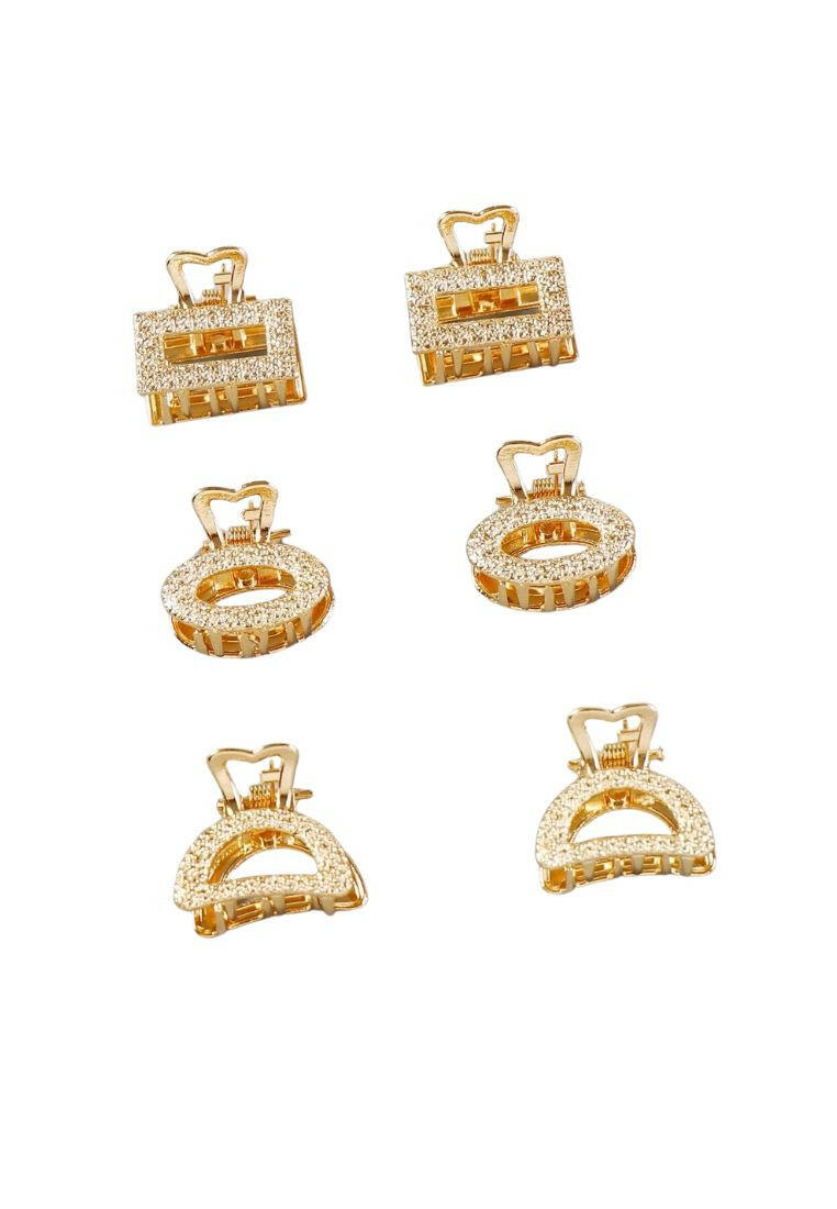 A set of six metallic hair claws, providing a sleek and modern way to secure and style your hair with a touch of shine.