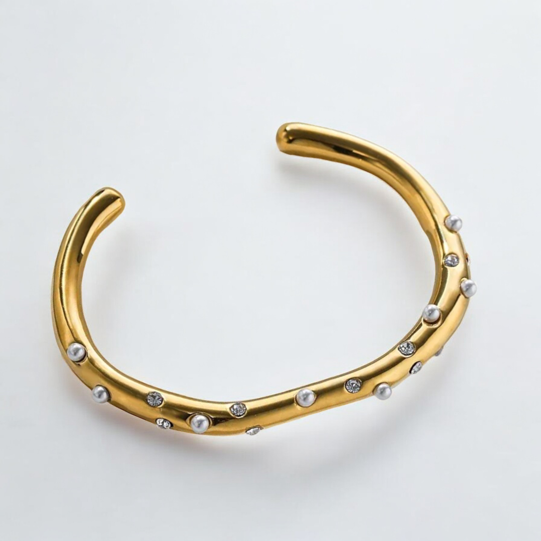 Stainless Steel Pearl And Cubic Zirconia Embedded Cuff Bracelet