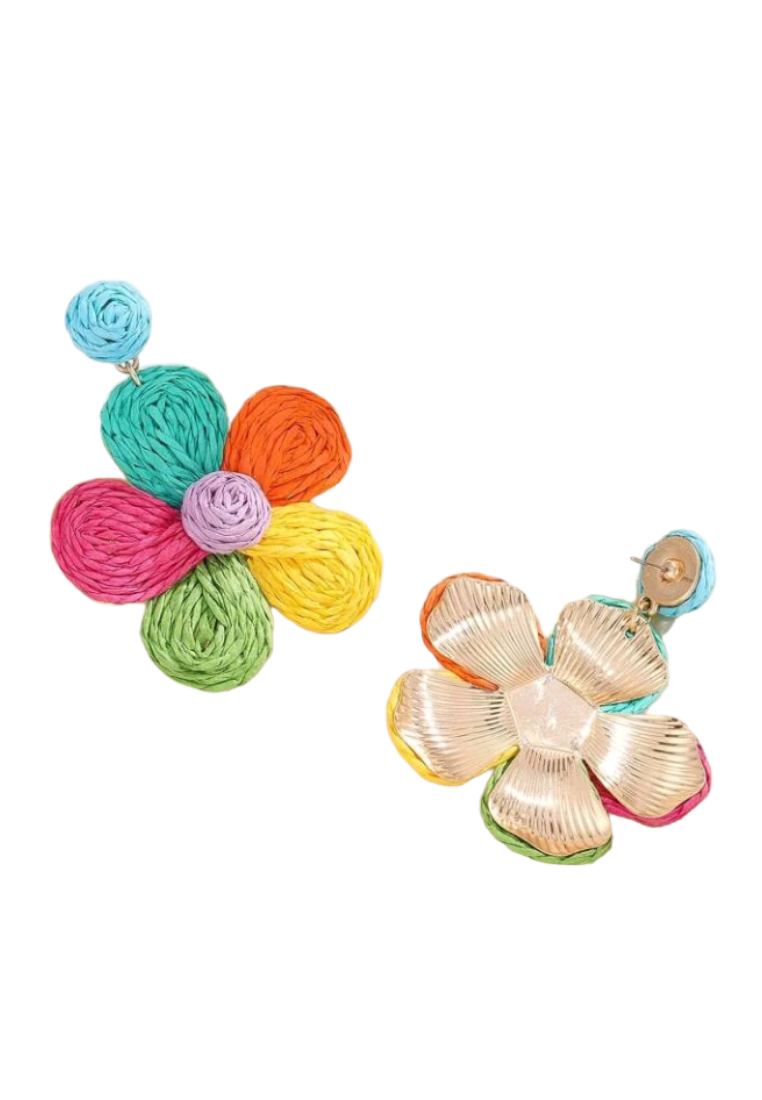 Close-up image of straw flower drop earrings, featuring delicate floral designs crafted from woven straw material, offering a lightweight and charming accessory choice.
